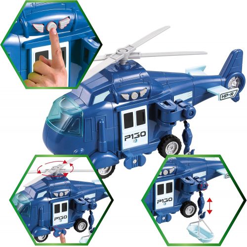  JOYIN 4 Pack Friction Powered City Hero Play Set Including Fire Engine Truck, Ambulance, Police Car and Helicopter Emergency Vehicles with Light and Sound