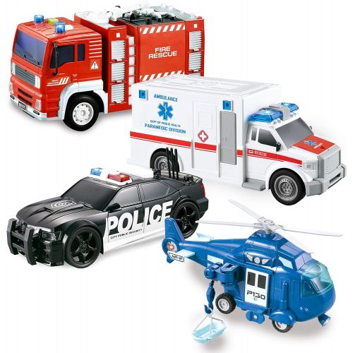  JOYIN 4 Pack Friction Powered City Hero Play Set Including Fire Engine Truck, Ambulance, Police Car and Helicopter Emergency Vehicles with Light and Sound