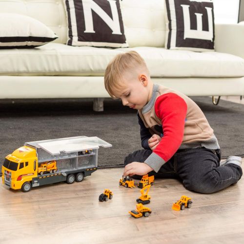  JOYIN 11 in 1 Die-cast Construction Truck Vehicle Car Toy Set Play Vehicles in Carrier Birthday Gifts for Over 3 Years Old Boys