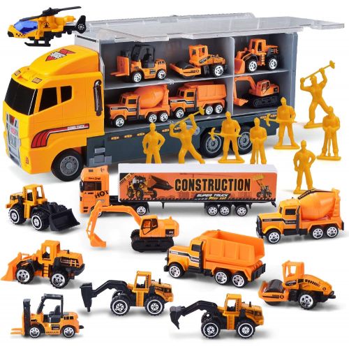  JOYIN 11 in 1 Die-cast Construction Truck Vehicle Car Toy Set Play Vehicles in Carrier Birthday Gifts for Over 3 Years Old Boys