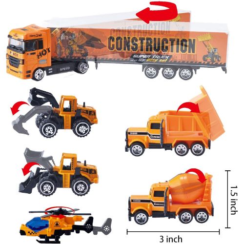  JOYIN 11 in 1 Die-cast Construction Truck Vehicle Car Toy Set Play Vehicles in Carrier Birthday Gifts for Over 3 Years Old Boys