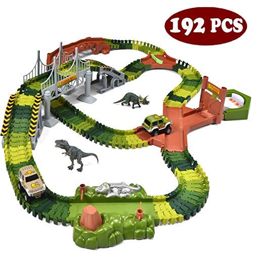  JOYIN Dinosaur Toys 192 Pieces Race Tracks Flexible Train Track Race Car Vehicle Playset with 2 Battery Powered Race Cars and 2 Dinosaur Actions Figures (205 Piece in Total)