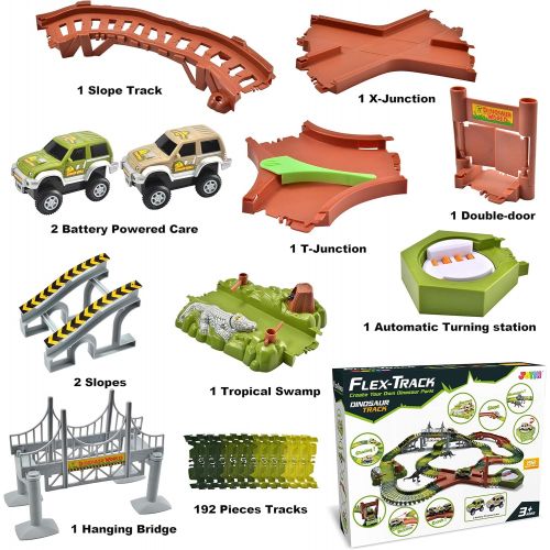  JOYIN Dinosaur Toys 192 Pieces Race Tracks Flexible Train Track Race Car Vehicle Playset with 2 Battery Powered Race Cars and 2 Dinosaur Actions Figures (205 Piece in Total)