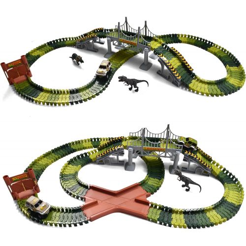  JOYIN Dinosaur Toys 192 Pieces Race Tracks Flexible Train Track Race Car Vehicle Playset with 2 Battery Powered Race Cars and 2 Dinosaur Actions Figures (205 Piece in Total)