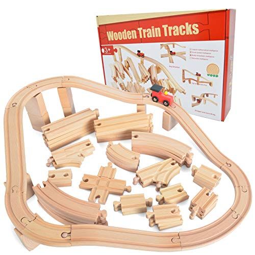  62 Pieces Wooden Train Track Expansion Set + 1 Bonus Toy Train -- NEW Version Compatible with All Major Brands Including Thomas Battery Operated Motorized Ones by Joyin Toy