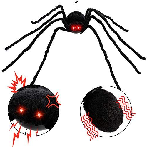  할로윈 용품JOYIN 60” Halloween Black Hairy Spider Outdoor Decorations, Scary Giant Spider Fake Large Spider with Sound and Vibration for Prop Decorations, Halloween Indoor, Outdoor, Yard and