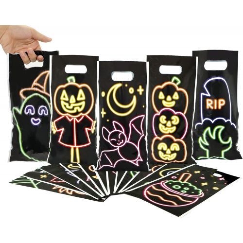  할로윈 용품JOYIN 72 Pcs Halloween Neon Treat Bags with 12 Characters, Halloween Candy Cookie Bags, Small Trick or Treat Bags for Halloween Party Supply, Plastic Goodie Bags for Halloween Part