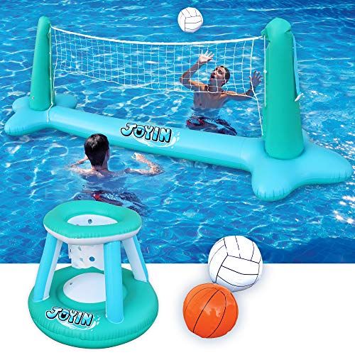  JOYIN Inflatable Pool Float Set Volleyball Net & Basketball Hoops Balls for Kids and Adults Swimming Game Toy, Floating, Summer Floaties, Pool Party, Volleyball Court (105”x28”x35”) Bask