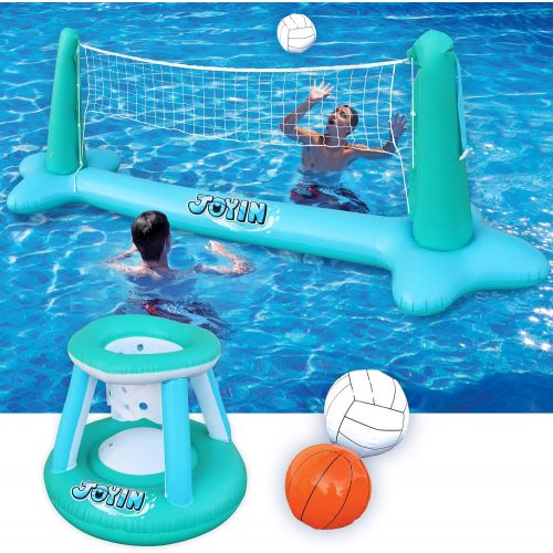  JOYIN Inflatable Pool Float Set Volleyball Net & Basketball Hoops Balls for Kids and Adults Swimming Game Toy, Floating, Summer Floaties, Pool Party, Volleyball Court (105”x28”x35”) Bask