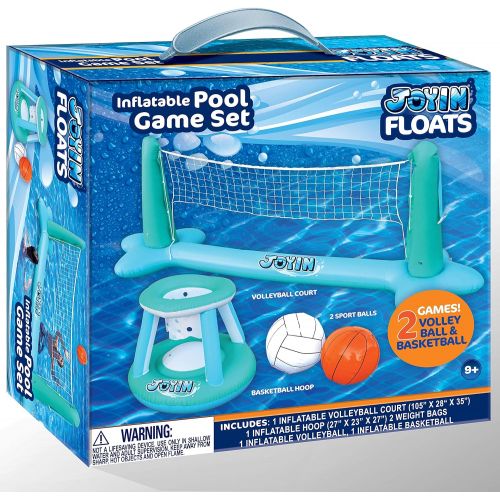  JOYIN Inflatable Pool Float Set Volleyball Net & Basketball Hoops Balls for Kids and Adults Swimming Game Toy, Floating, Summer Floaties, Pool Party, Volleyball Court (105”x28”x35”) Bask