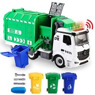 JOYIN Recycling Garbage Truck Toy, Kids DIY Assembly Trash Truck, Friction Powered Side-Dump Toy Garbage Truck with Light and Sounds, 3 Trash Cans, 3 Replaceable Screwdrivers, Boys