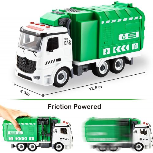  JOYIN Recycling Garbage Truck Toy, Kids DIY Assembly Trash Truck, Friction Powered Side-Dump Toy Garbage Truck with Light and Sounds, 3 Trash Cans, 3 Replaceable Screwdrivers, Boys