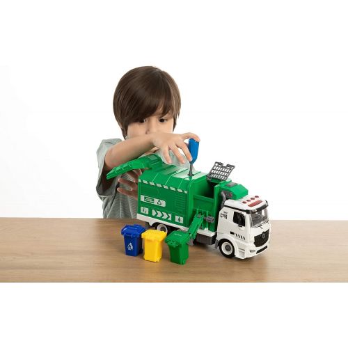  JOYIN Recycling Garbage Truck Toy, Kids DIY Assembly Trash Truck, Friction Powered Side-Dump Toy Garbage Truck with Light and Sounds, 3 Trash Cans, 3 Replaceable Screwdrivers, Boys