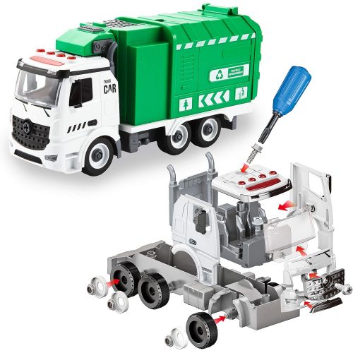  JOYIN Recycling Garbage Truck Toy, Kids DIY Assembly Trash Truck, Friction Powered Side-Dump Toy Garbage Truck with Light and Sounds, 3 Trash Cans, 3 Replaceable Screwdrivers, Boys