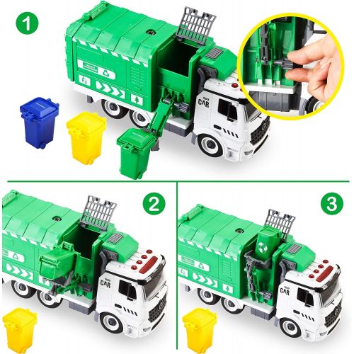  JOYIN Recycling Garbage Truck Toy, Kids DIY Assembly Trash Truck, Friction Powered Side-Dump Toy Garbage Truck with Light and Sounds, 3 Trash Cans, 3 Replaceable Screwdrivers, Boys