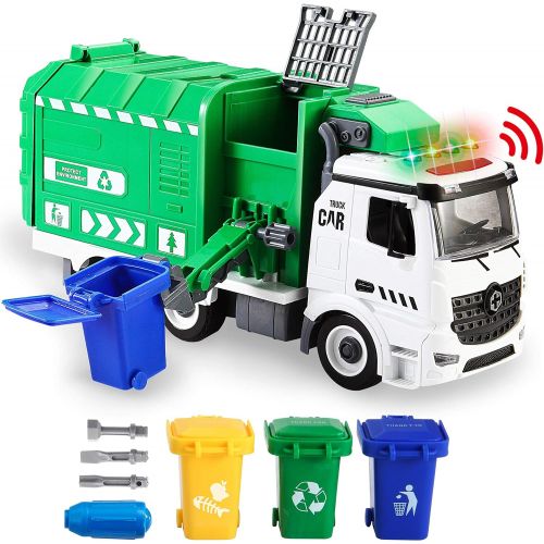  JOYIN Recycling Garbage Truck Toy, Kids DIY Assembly Trash Truck, Friction Powered Side-Dump Toy Garbage Truck with Light and Sounds, 3 Trash Cans, 3 Replaceable Screwdrivers, Boys