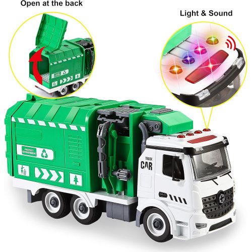  JOYIN Recycling Garbage Truck Toy, Kids DIY Assembly Trash Truck, Friction Powered Side-Dump Toy Garbage Truck with Light and Sounds, 3 Trash Cans, 3 Replaceable Screwdrivers, Boys