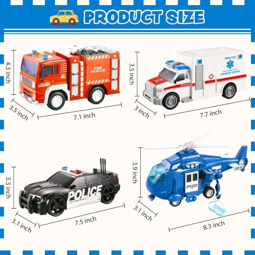  JOYIN 4 Packs Emergency Vehicle Toy Playsets, Friction Powered Vehicles with Light and Sound, Including Fire Truck, Ambulance Toy, Play Police Car and Toy Helicopter, Best Toddler