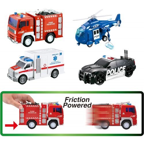  JOYIN 4 Packs Emergency Vehicle Toy Playsets, Friction Powered Vehicles with Light and Sound, Including Fire Truck, Ambulance Toy, Play Police Car and Toy Helicopter, Best Toddler