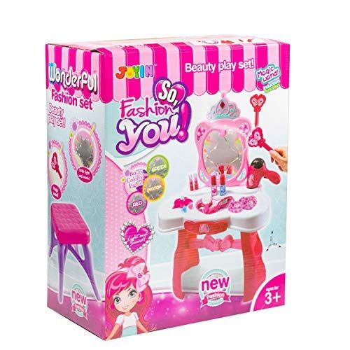  JOYIN Toddler Fantasy Vanity Beauty Dresser Table Play Set with Lights, Sounds, Chair, Fashion & Makeup Accessories for Kid and Pretend Play, Toy for 2,3,4 yrs Kids