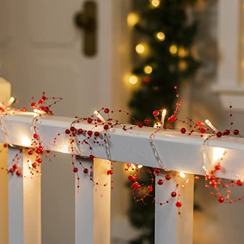  JOYIN 10ft Christmas Garland with Berry Beaded Lights, 39 LED Decorative Prelit Garland, Indoor and Outdoor Decorations for Home, Parties and Christmas Holiday