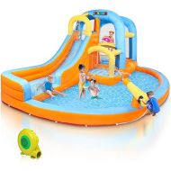 JOYMOR 5-in-1 Inflatable Water Slide Park, Water Bounce House w/Air Blower, Climbing Wall, Double Jump Area, Splash Pool, Water Cannon, Wet or Dry Combo Castle Outdoor Backyard Playhouse for Kids
