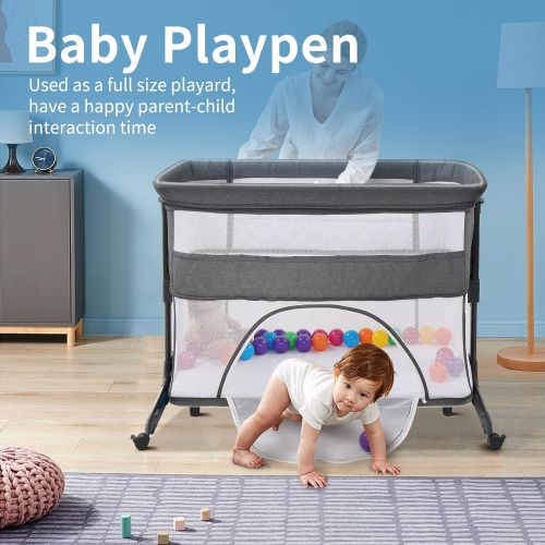  JOYMOR 4 in 1 Baby Bassinet,Bedside Sleeper Height Adjustable,Portable Playpen Nursery Center,As Changing Table for Baby Boys Girls Easy Folding for Travel,Includes Mattress,Carry