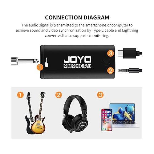  JOYO Guitar Audio Interface Pocket Internal Recording Sound Card with Type-C and Lightning for Live Streaming by Phone and Laptop Plug & Play (MOMIX CAB)