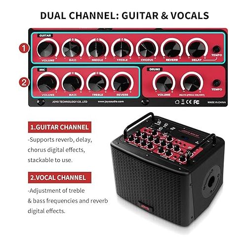  JOYO 40 Watt Acoustic Combo Amplifier Rechargeable Guitar & Vocal Two Channels Guitar Amp with Drum Machine Reverb Chorus Delay Effects and Bluetooth XLR & Aux-in (BSK-40)
