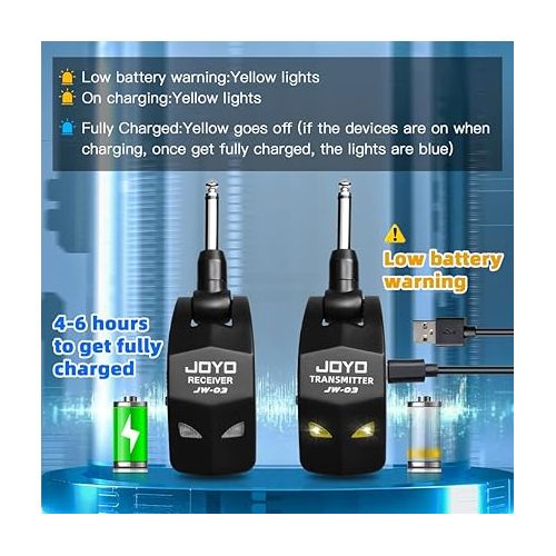  JOYO 2.4GHz Wireless Guitar System 4 Channels Rechargeable Audio Wireless Transmitter Receiver for Guitar Bass Electric Instruments (JW-03)