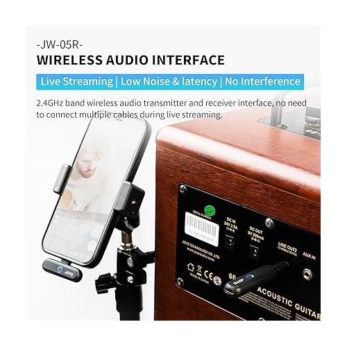  JOYO Wireless Audio Interface Transmitter and Receiver for Live Streaming Amplifier 3.5mm Stereo Recording and Playing with Phone Tablet & PC Background Music, with Type USB C & Lightning (JW-05R)