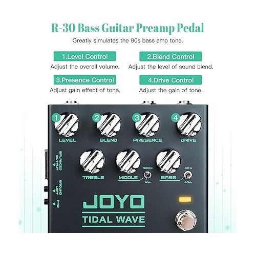  JOYO Bass Guitar Pedals Preamp Overdrive Pedal with EQ and Noise Reduction DI Output for Pop Funk Metal Bassist Electric Guitar (TIDAL WAVE R-30)