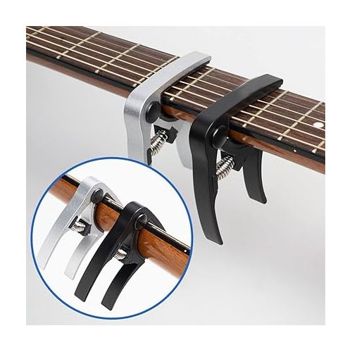  JOYO Guitar Capo Combo Steel Metal Light Weight for Acoustic and Electric Guitar Bass Ukulele Accessories (Black & Silver 2 Pack)