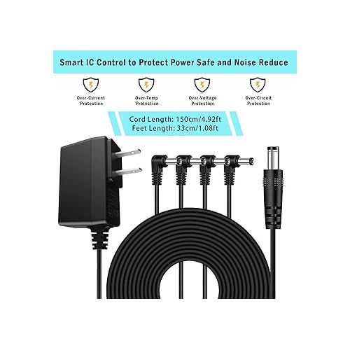  JOYO DC 9V Guitar Pedal Power Supply (800mA -1A) AC Wall Charger Adapter with 4 Way Daisy Chain Pedal Cables (8.8 FT), Compatible for Most Effect Pedals (Tip Negative)