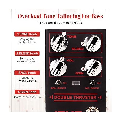  JOYO Bass Guitar Pedals High Gain Overdrive Effect Pedal with Independent Mid Frequency and Gain Boost for Bassist Electric Guitar Bass (DOUBLE THRUSTER R-28)