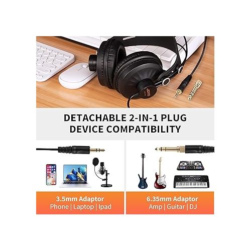  JOYO Studio Headphones Monitor Headphone for Recording Over Ear Noise Canceling for Guitar Cellphone Mixer Amplifier Podcast DJ and Keyboard Piano (JMH-02)