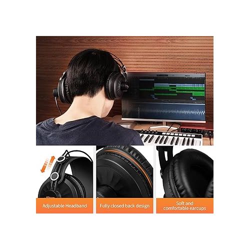  JOYO Studio Headphones Monitor Headphone for Recording Over Ear Noise Canceling for Guitar Cellphone Mixer Amplifier Podcast DJ and Keyboard Piano (JMH-02)