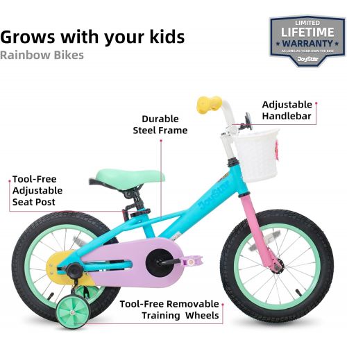  JOYSTAR 12 14 16“ Kids Bike for 2-7 Years Girls 33-53 Inch Tall, Girls Toddler Bicycle with Basket, Training Wheels & Coaster Brake, Rainbow Bike, Macarons