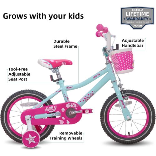  JOYSTAR Paris Girls Bike for Toddlers and Kids 2-9 Years Old, 12 14 16 18 Inch Kids Bike with Training Wheels, Basket and Handbrake, Kids Children Bicycle