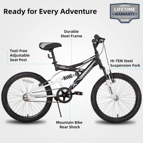  JOYSTAR Contender 20 Inch Kids Mountain Bike for 7-13 Years Boys & Girls Kids Bicycle Featuring Steel Full Dual-Suspension Frame and 1-Speed Drivetrain with Kickstand Blue Black Gr