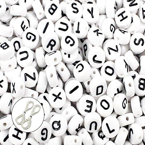  [아마존베스트]JPSOR 600pcs 4x7mm Acrylic White Round Letter Beads for Bracelets and Jewelry Making,with Thread & Pouch (A)