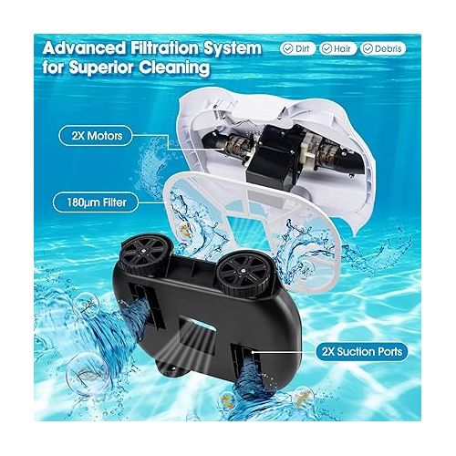  Cordless Pool Vacuum for Above Ground Pool,JQKJCAM Dual-Drive Motors Robotic Pool Cleaner Lasts 130 Mins,Self-Parking Technology,Lightweight,Fast Charging,Up to 860 Sq.ft(White)