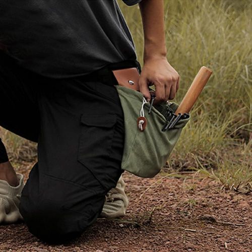  JQWSVE Waxed Canvas Foraging Pouch, Collapsible Outdoor Camping Leather Waxed Canvas Mushroom Foraging Bag Around Belts, Leather Bushcraft Belt Tinder Dump Bag for Hiking Camping