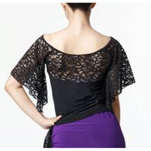  JS CHOW Womens Ballroom Modern Latin Salsa Cha Cha Lace Black Dance Blouse Top