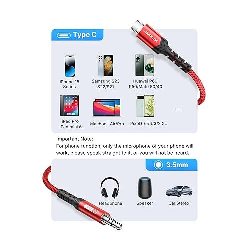  JSAUX USB C to 3.5mm Audio Aux Jack Cable Compatible with iPhone 15[3.3ft], USB Type C to 3.5mm Headphone Stereo Cord Car for iPhone 15 Pro Max 15 Plus, iPad Pro, Samsung Galaxy S24 S23 S22, Pixel-Red