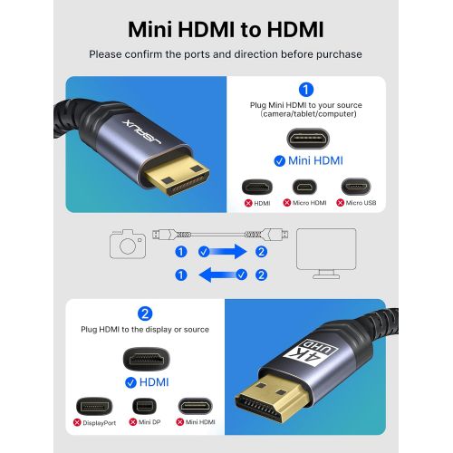  Mini HDMI to HDMI Cable 6FT, JSAUX [Aluminum Shell, Braided] High Speed 4K 60Hz HDMI 2.0 Cord, Compatible with Camera, Camcorder, Tablet and Graphics/Video Card, Laptop, Raspberry