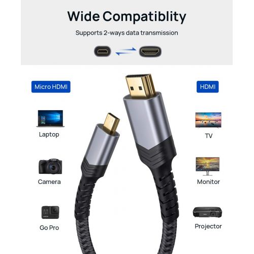  4k Micro HDMI to HDMI Cable 10 FT, JSAUX Micro HDMI to Standard HDMI Cord Braided Support 4k 60Hz HDR 3D ARC 18Gbps Compatible with Sony A6000 A6300 Camera, Lenovo Yoga and More (G