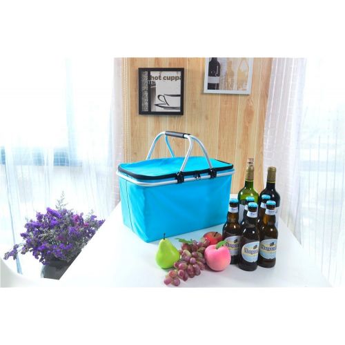  JSWD Insulated Picnic Basket - 32L Large Size Collapsible Cooler Bag Lunch Basket for Outdoor Picnic or Camping Use (Blue)