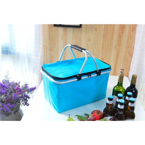  JSWD Insulated Picnic Basket - 32L Large Size Collapsible Cooler Bag Lunch Basket for Outdoor Picnic or Camping Use (Blue)
