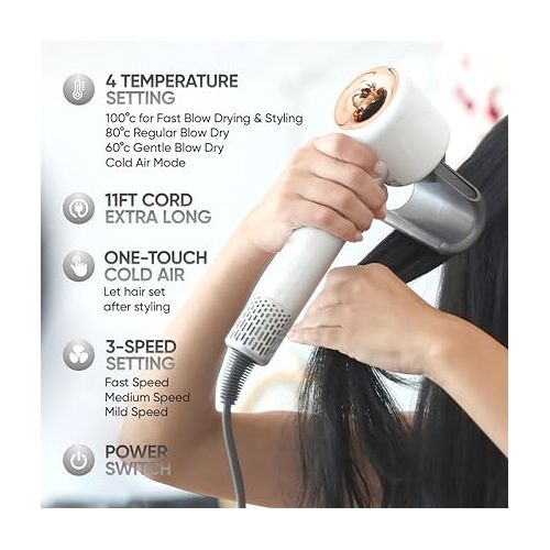  Negative Ionic Blow Dryer with Diffuser, 110, 000 RPM 1600 watt Brushless Motor for Fast Drying, 3 Speed Low Noise 4 Temps Control Hairdryer and 4 Nozzle Attachments for Home, Travel